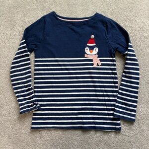 Mini Boden Navy and White Striped Long Sleeve Tee with Penguin